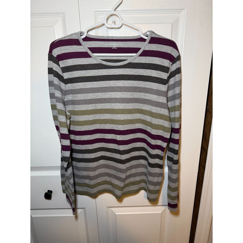 Croft & Barrow Women’s XL Gray Purple Olive Striped Long Sleeve Top 1830